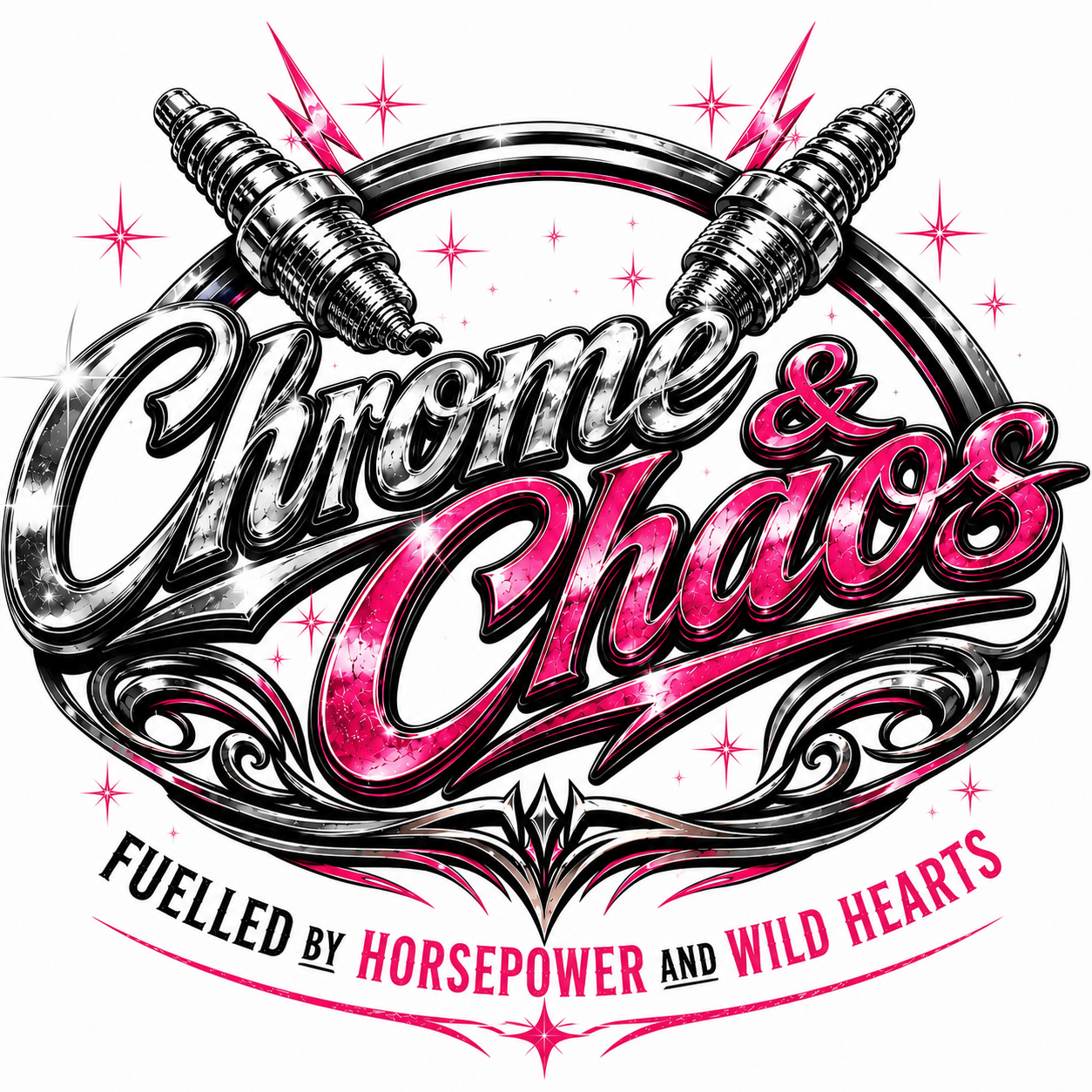 Logo with 'Chrome & Chaos' text and motorcycle parts on a white background