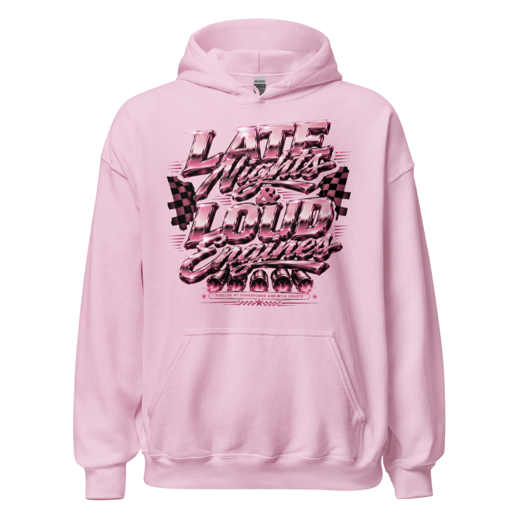 Chrome & Chaos Unisex Hoodie - Late Nights and Loud Engines